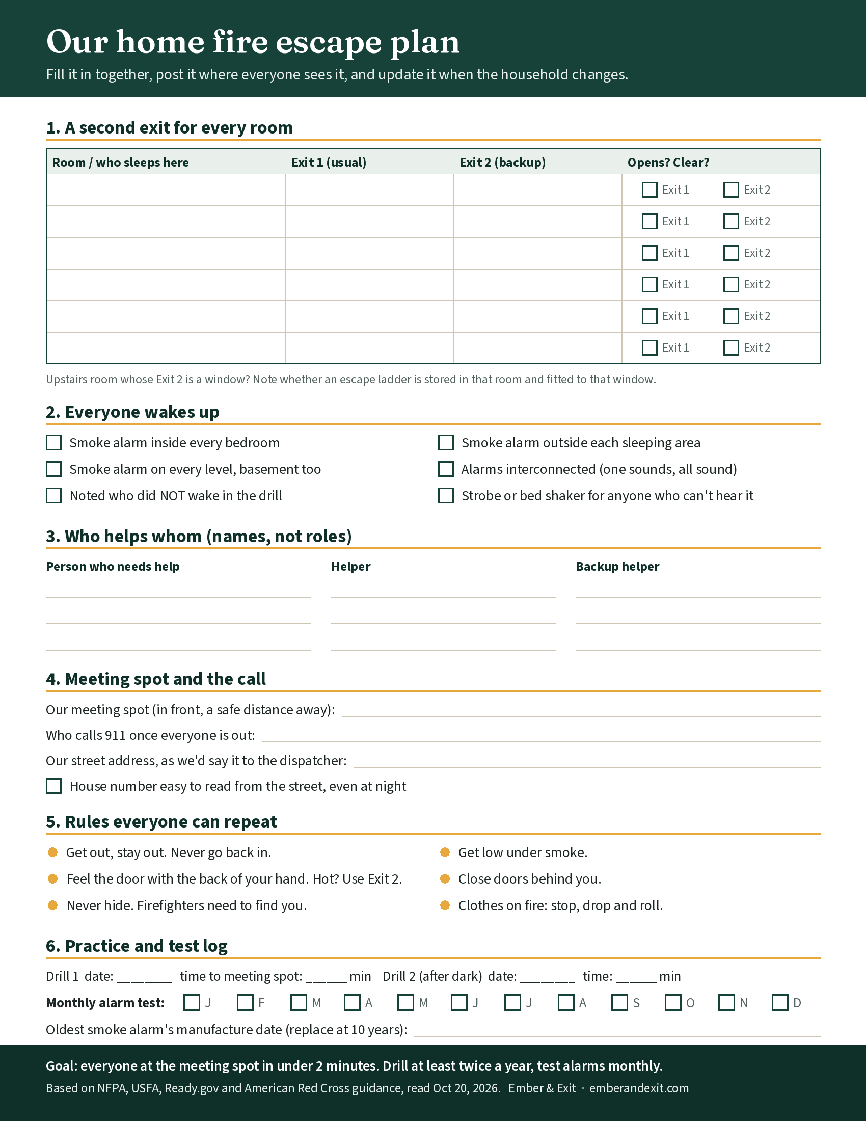 Printable home fire escape plan checklist with spaces for each room's two exits, the outside meeting spot, the 911 caller, named helpers and backups, smoke alarm test dates and two drill times